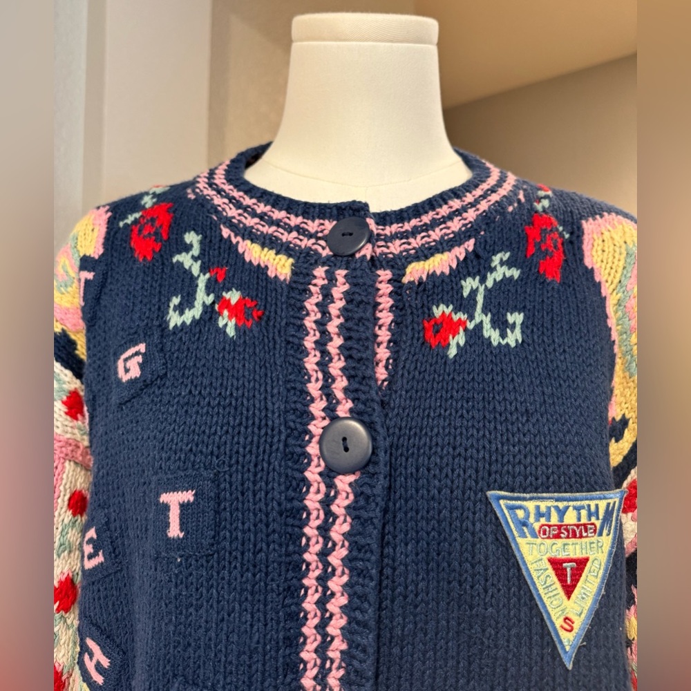 Vintage Together! Colorful Navy Knit Embroidered Cardigan Sweater w/ Pockets - Picture 2 of 15
